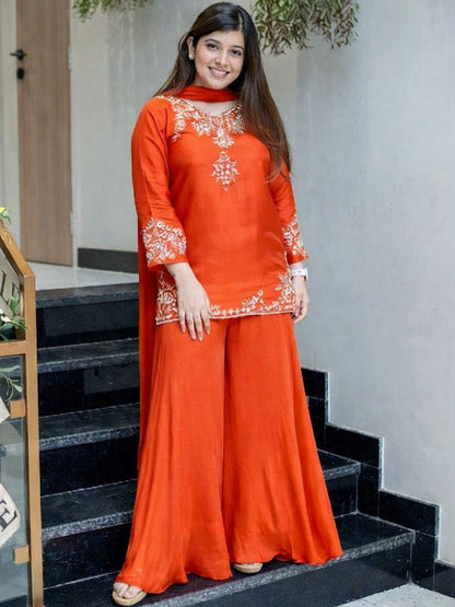 Dhiyona KL Women Ethnic Motifs Embroidered Regular Thread Work Silk Crepe Kurta with Palazzos & With Dupatta