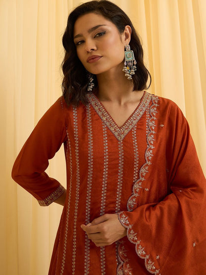 Dhiyona CH Women Ethnic Motifs Embroidered Panelled Thread Work Kurta with Trousers & With Dupatta