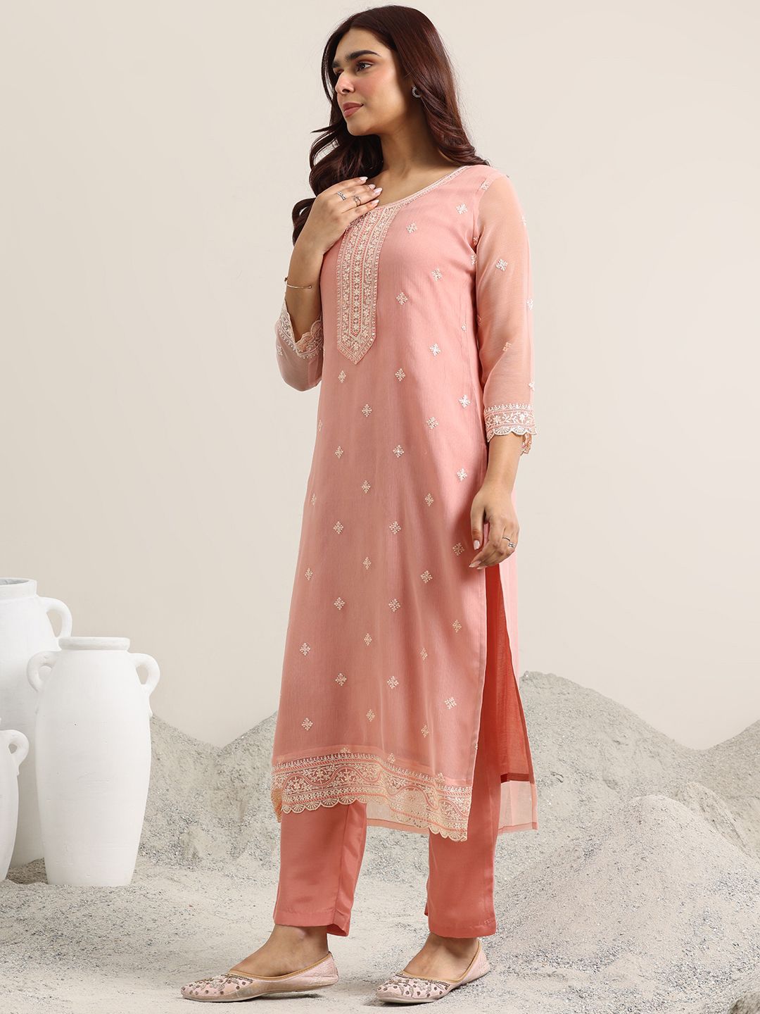 Dhiyona LL Ethnic Motifs Embroidered Round Neck Sequinned Kurta With Palazzos & Dupatta