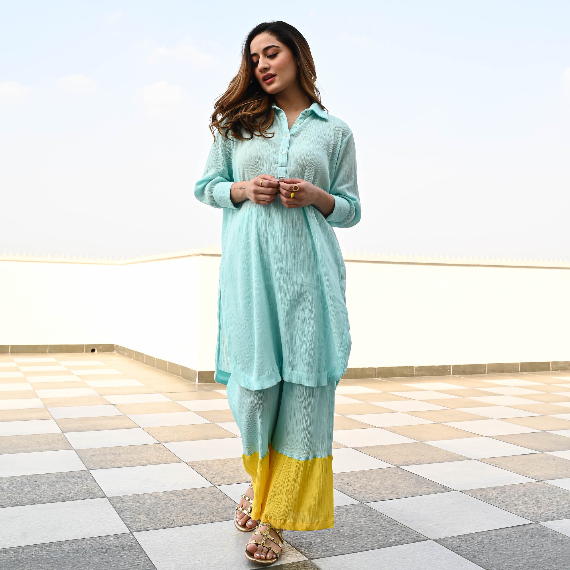 Blue Yellow Crushed Cotton Coord Set