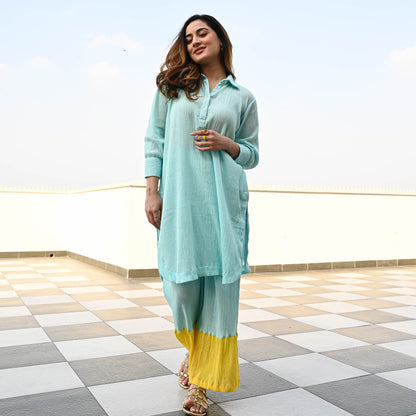 Blue Yellow Crushed Cotton Coord Set