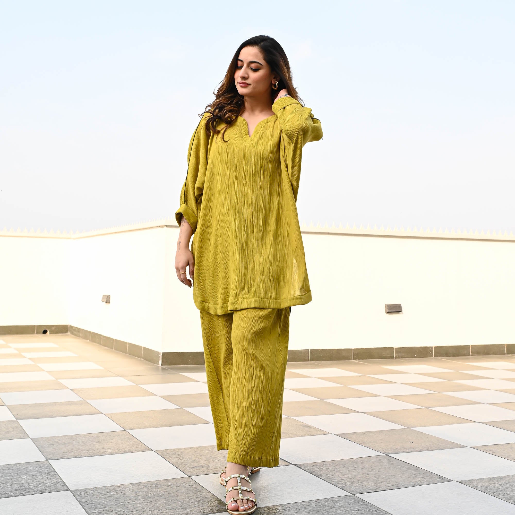 Olive Crushed Cotton Coord Set