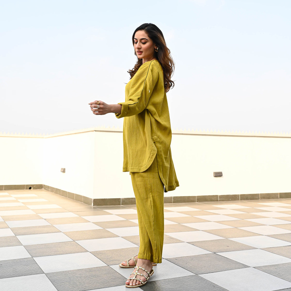 Olive Crushed Cotton Coord Set