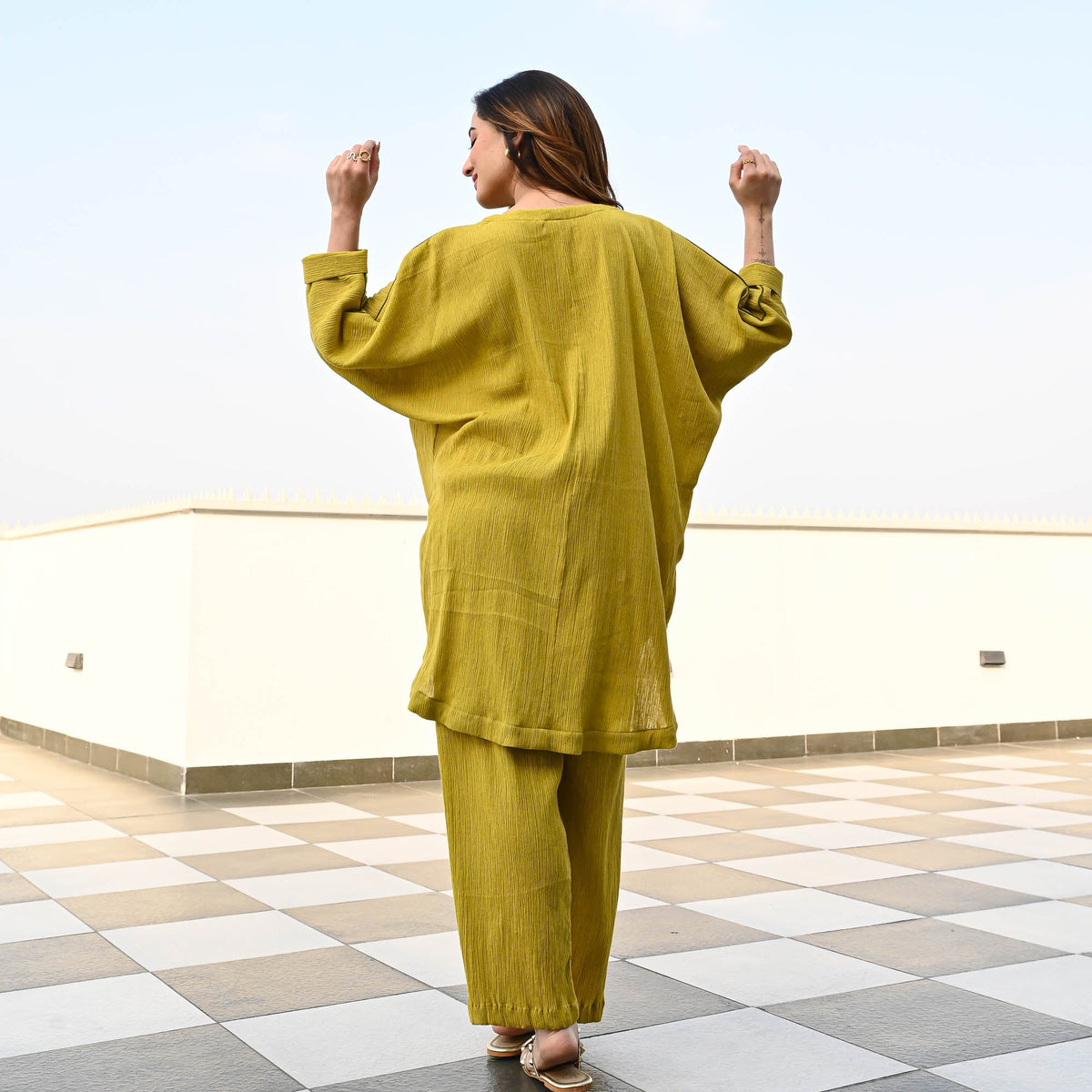 Olive Crushed Cotton Coord Set