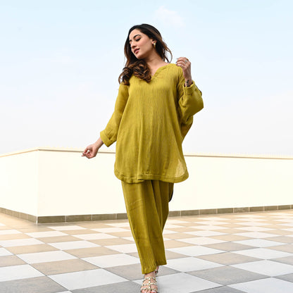 Olive Crushed Cotton Coord Set