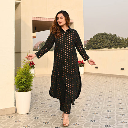 Bunai Black Cotton Lurex Kurta Set