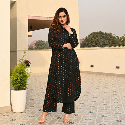 Bunai Black Cotton Lurex Kurta Set