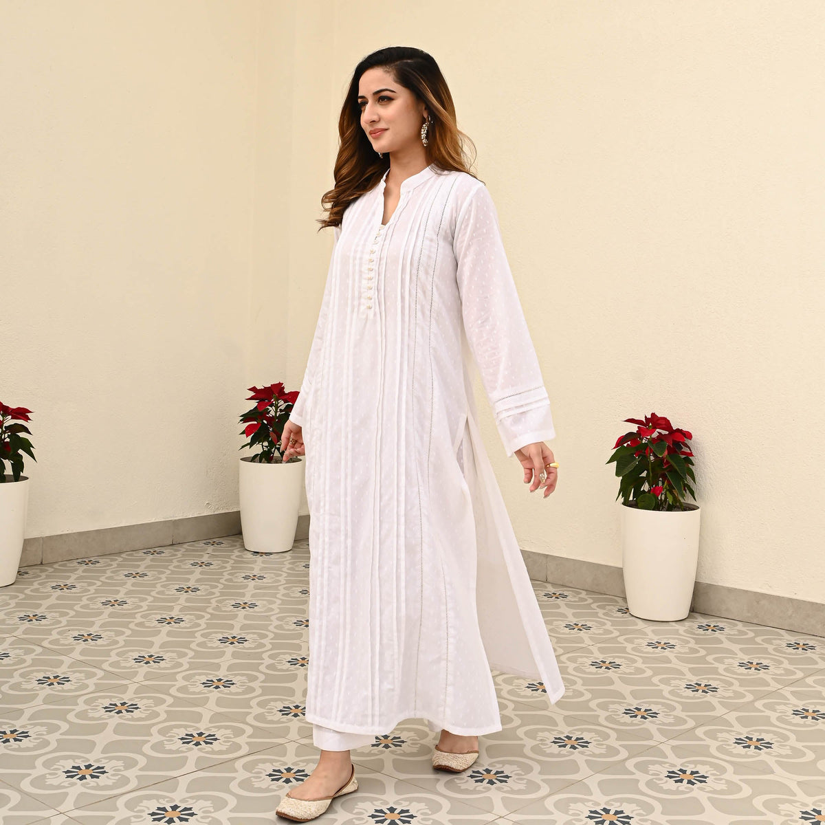 Bunai White Cotton Dobby Coord Set