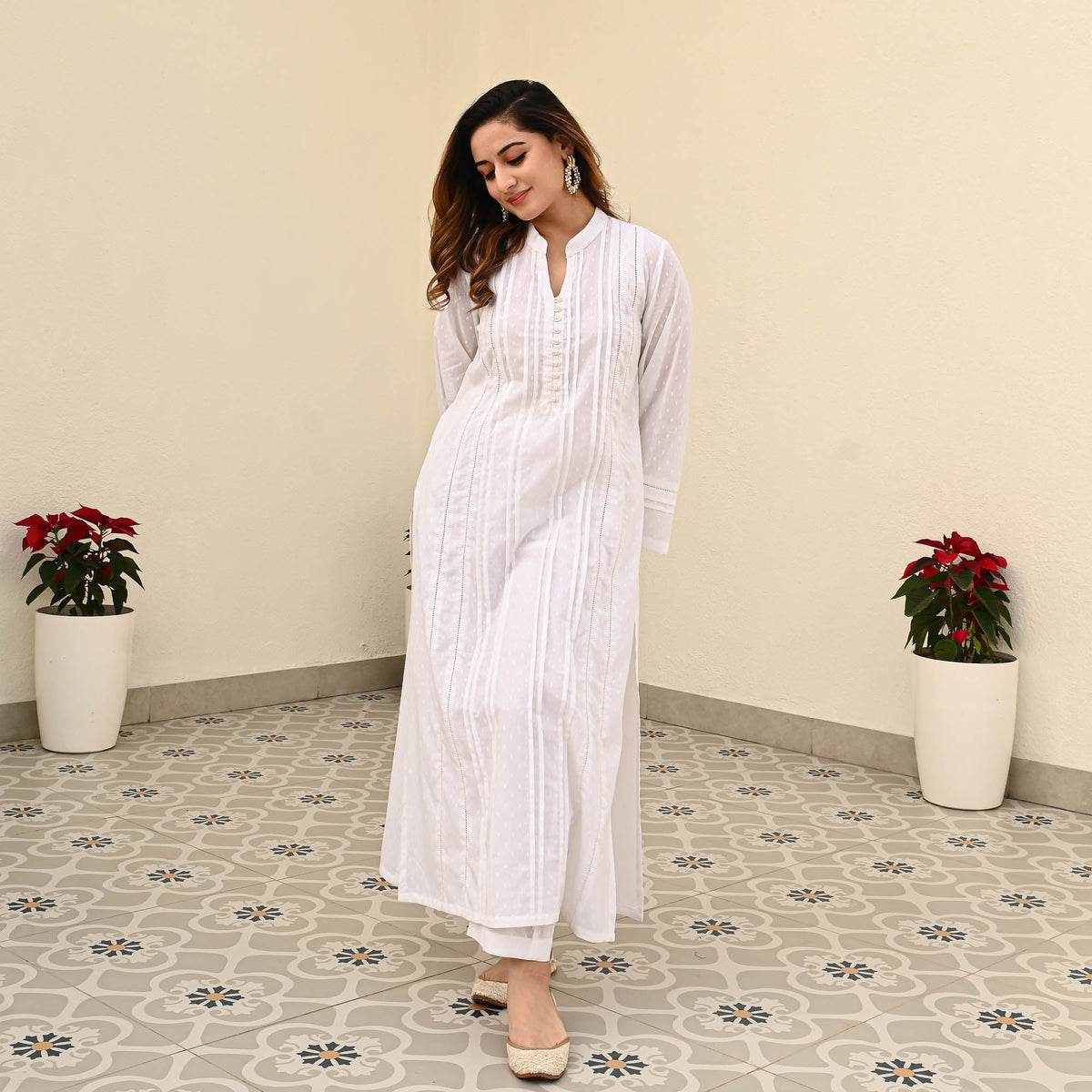 Bunai White Cotton Dobby Coord Set