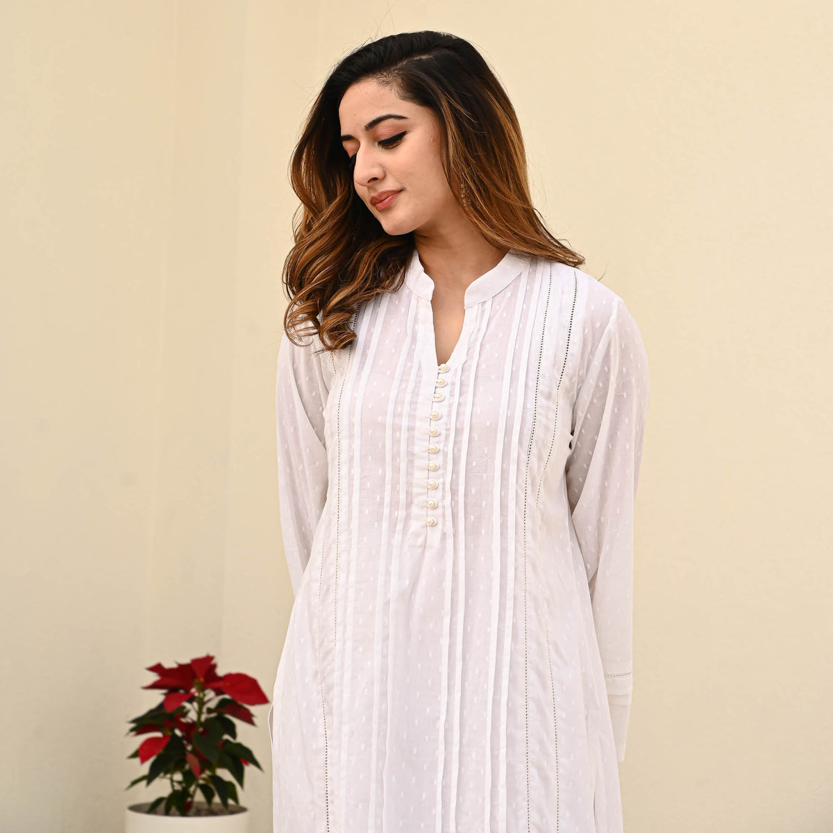 Bunai White Cotton Dobby Coord Set