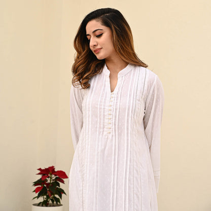 Bunai White Cotton Dobby Coord Set