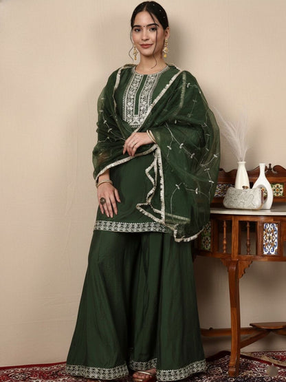 Dhiyona HOP Embroidered Round Neck Straight Kurti & Sharara With Dupatta