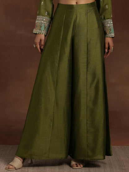 Women's LB Adaa Olive Embroidered Silk Blend Straight Kurta With Palazzos & Dupatta