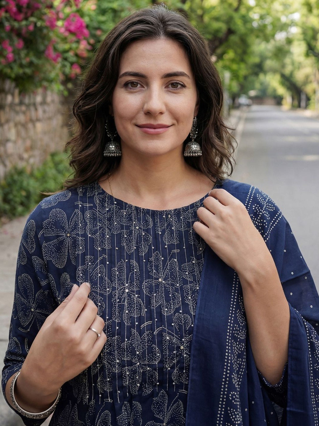 Women Ethnic Motifs Printed Regular Beads and Stones Pure Cotton Kurta with Trousers & With Dupatta