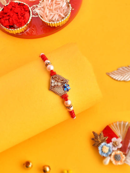 Dhiyona Gold-Toned Stone-Studded & Beaded Rakhi With Roli Chawal & Greeting Card