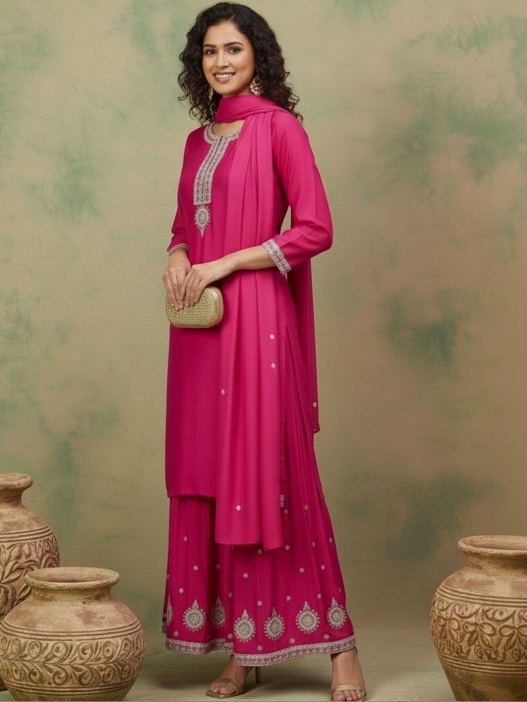 Dhiyona SN Embroidered Round-Neck Kurta Sharara & Dupatta