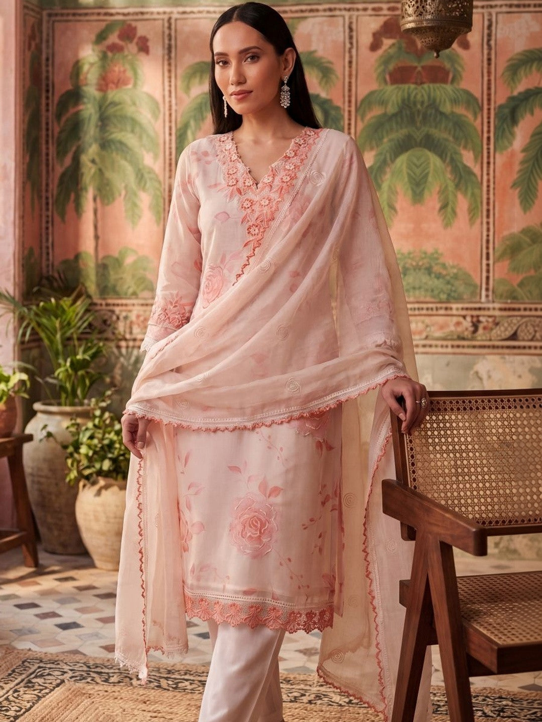 Women Floral Printed Regular Thread Work Kurta with Trousers & With Dupatta