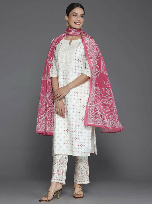 Women's LB Off White Printed Silk Blend Straight Suit With Dupatta