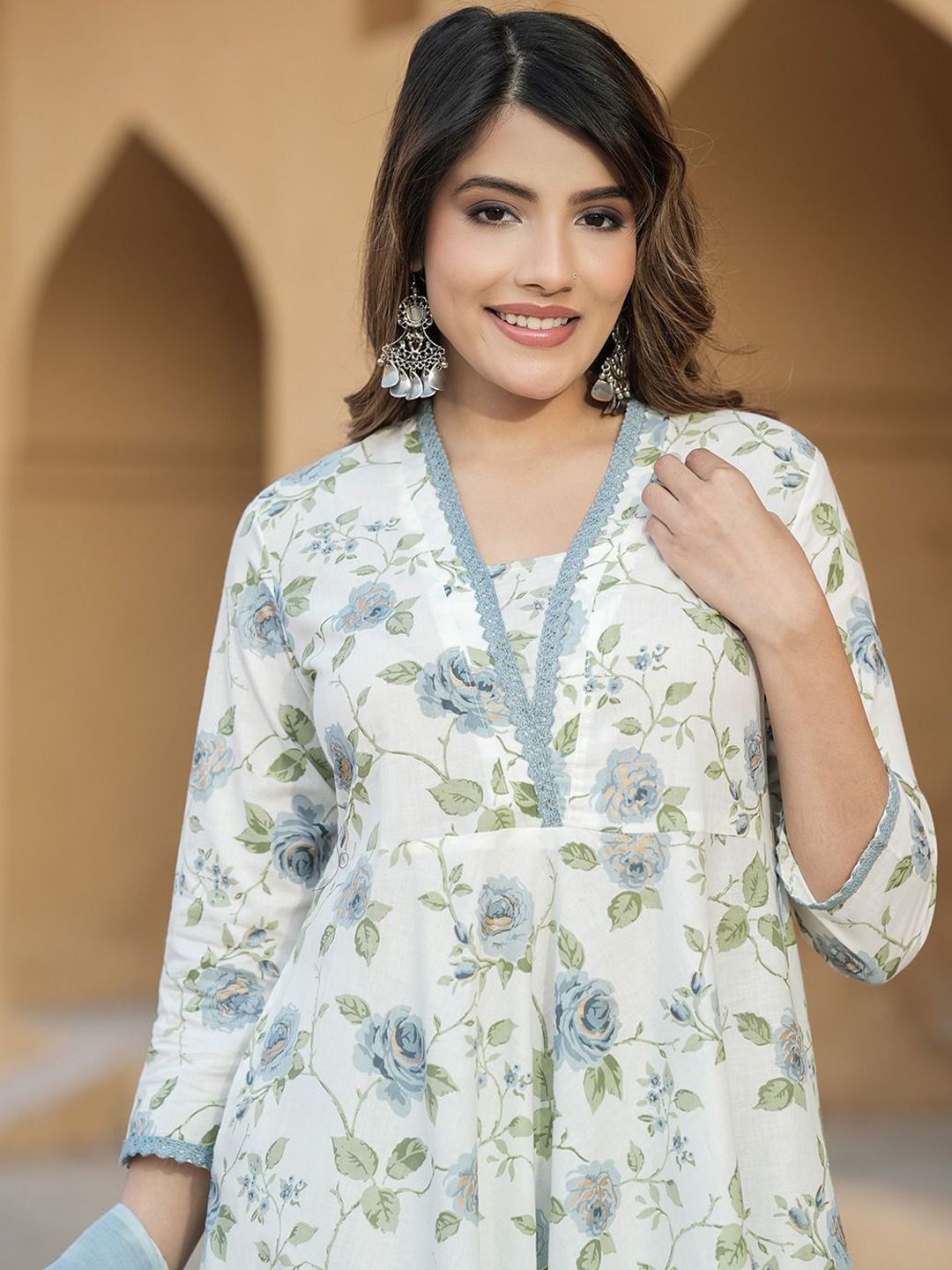 Dhiyona KL Floral Printed V-Neck Anarkali Pure Cotton Kurta With Trousers & Dupatta