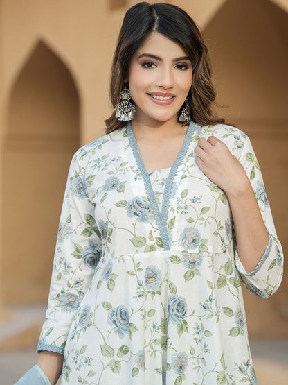 Dhiyona KL Floral Printed V-Neck Anarkali Pure Cotton Kurta With Trousers & Dupatta