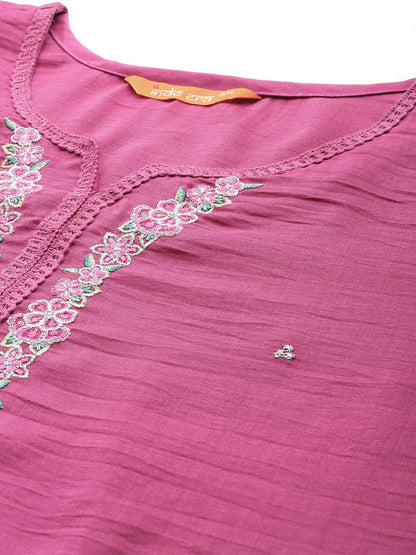 Women's Plus Size Pink Embroidered Straight Kurta Trousers With Dupatta Set