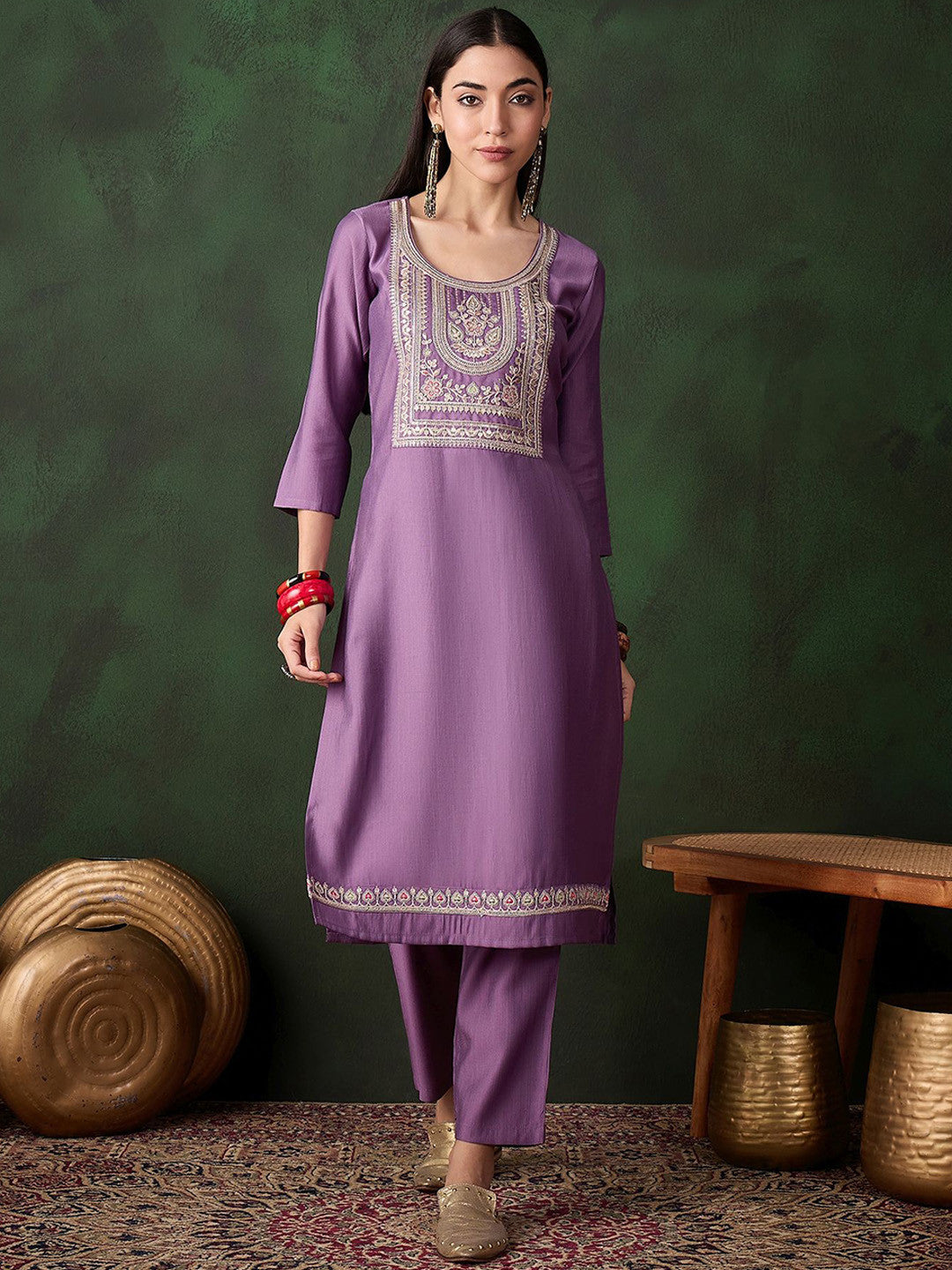 Women Ethnic Motifs Solid Kurta with Trousers