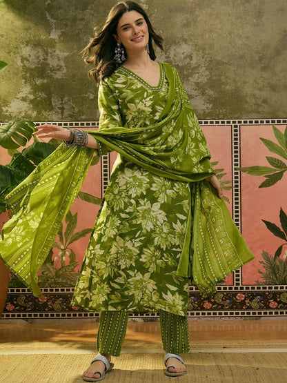 Printed V-Neck Kurta & Trousers With Dupatta
