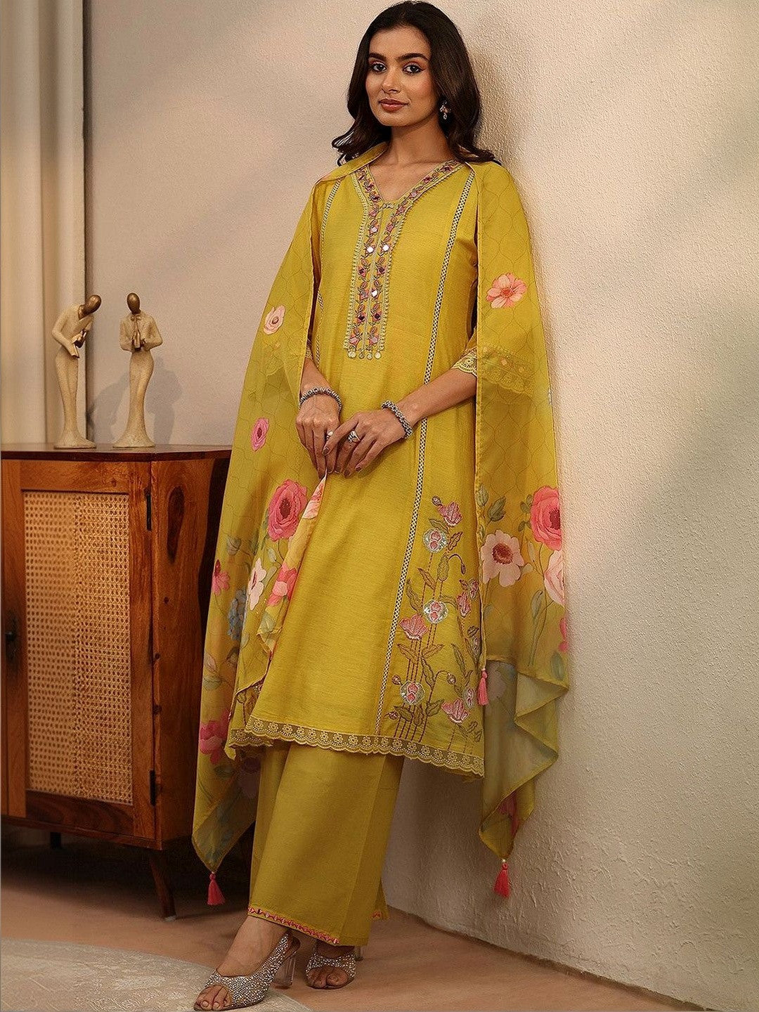 Mustard Floral Embroidered Silk Blend A-line Suit Set