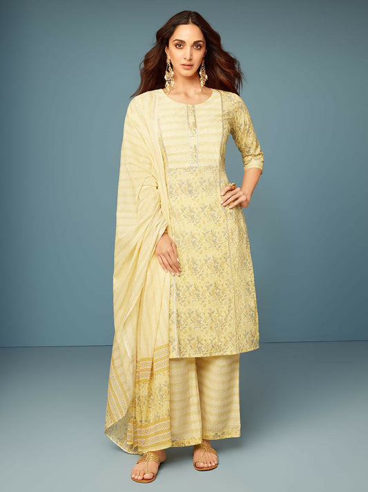 Women's LB Yellow Printed Cotton Straight Suit With Dupatta