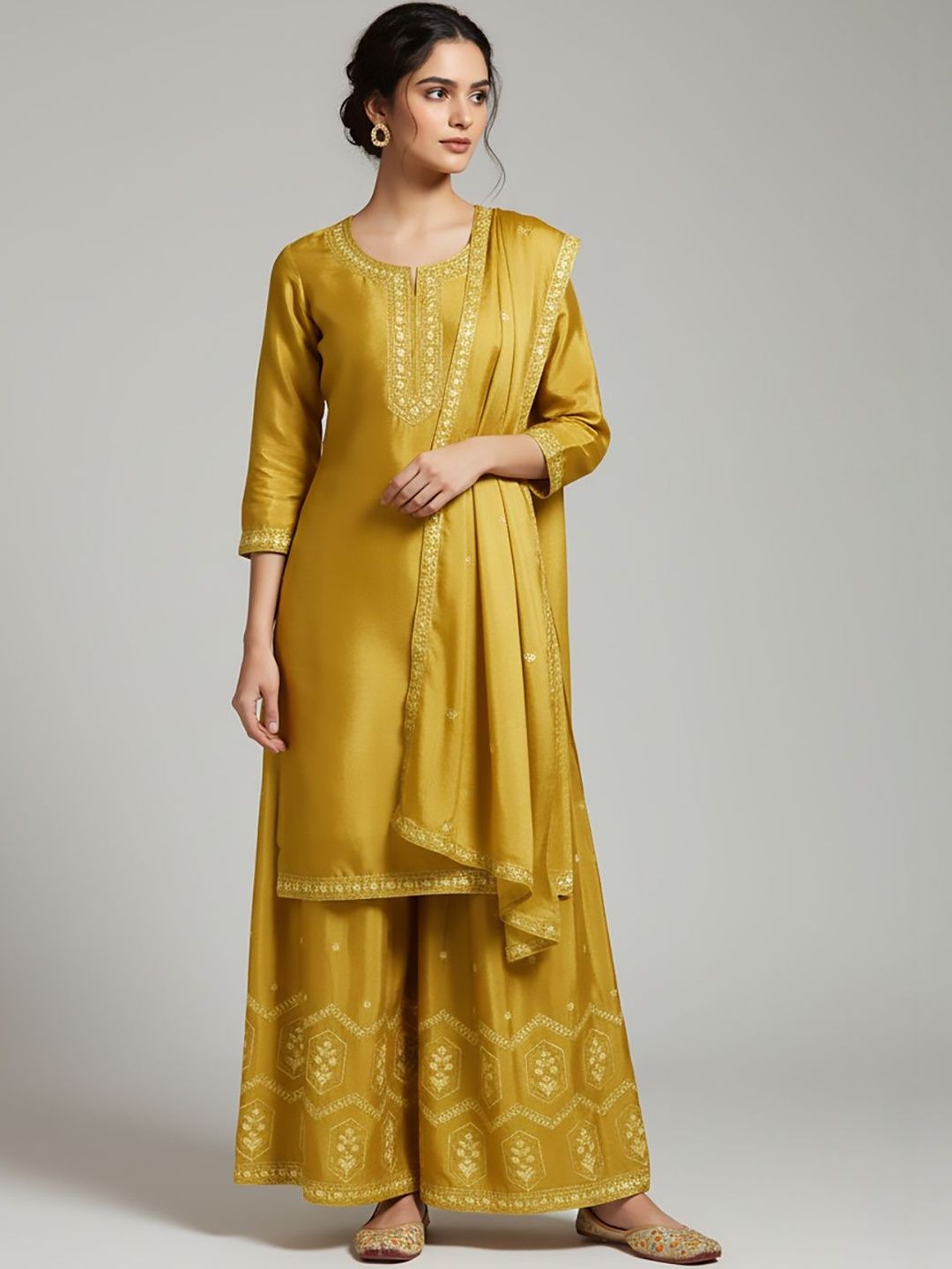 Dhiyona VA Women Ethnic Motifs Embroidered Regular Thread Work Silk Crepe Kurta with Palazzos & With Dupatta