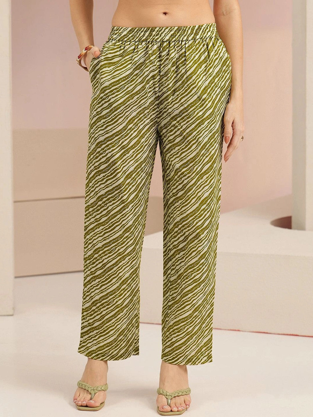 Olive Green Floral Printed Cotton Blend Straight Suit Set