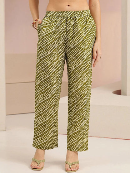 Olive Green Floral Printed Cotton Blend Straight Suit Set