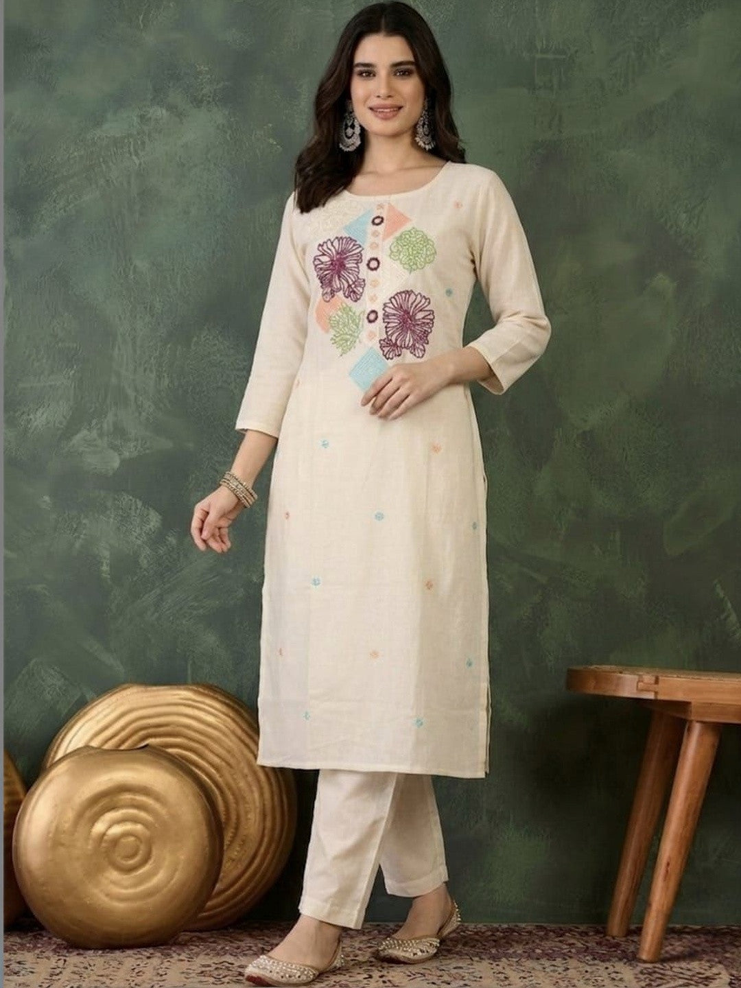 Embroidered Pure Cotton Round Neck Kurta & Trousers With Dupatta
