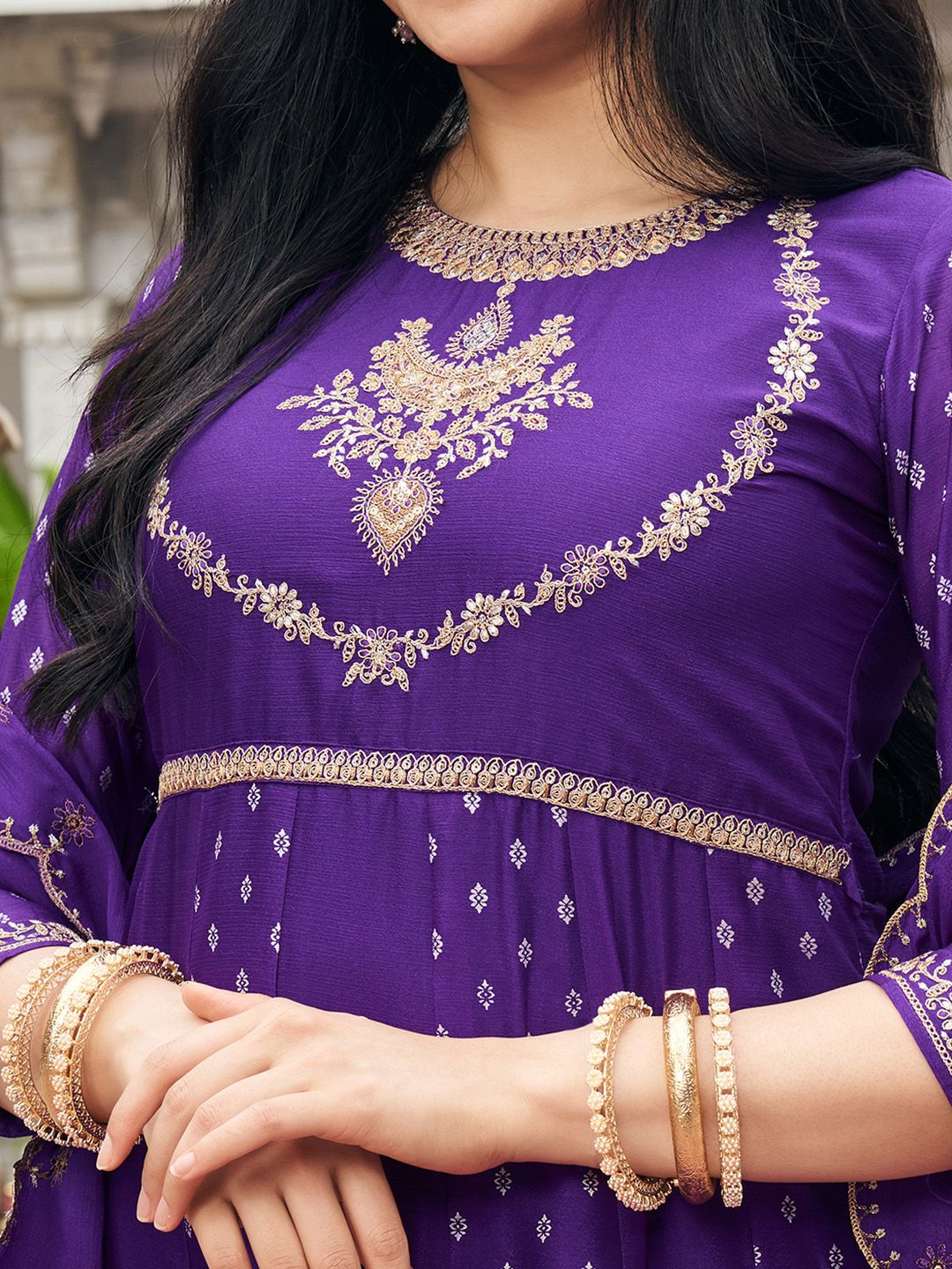 Dhiyona CH Embroidered Round Neck Chinon Thread Work Anarkali Kurta With Palazzos & Dupatta