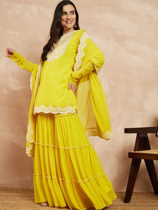 Dhiyona IN Women Ethnic Motifs Embroidered Regular Thread Work Kurta with Sharara & With Dupatta