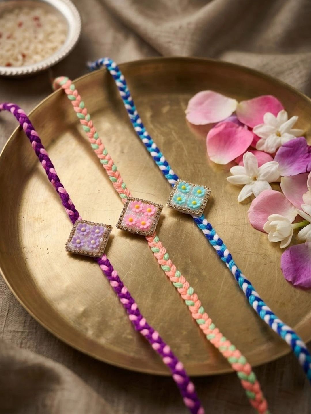 Dhiyona Set Of 3 Multicolor Ad Thread Rakhi With Roli Chawal Chandan Mishri