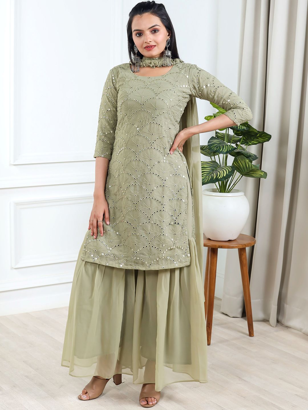 Dhiyona KL Geometric Embroidered Mirror Work Straight Kurta With Sharara & Dupatta