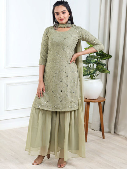 Dhiyona KL Geometric Embroidered Mirror Work Straight Kurta With Sharara & Dupatta