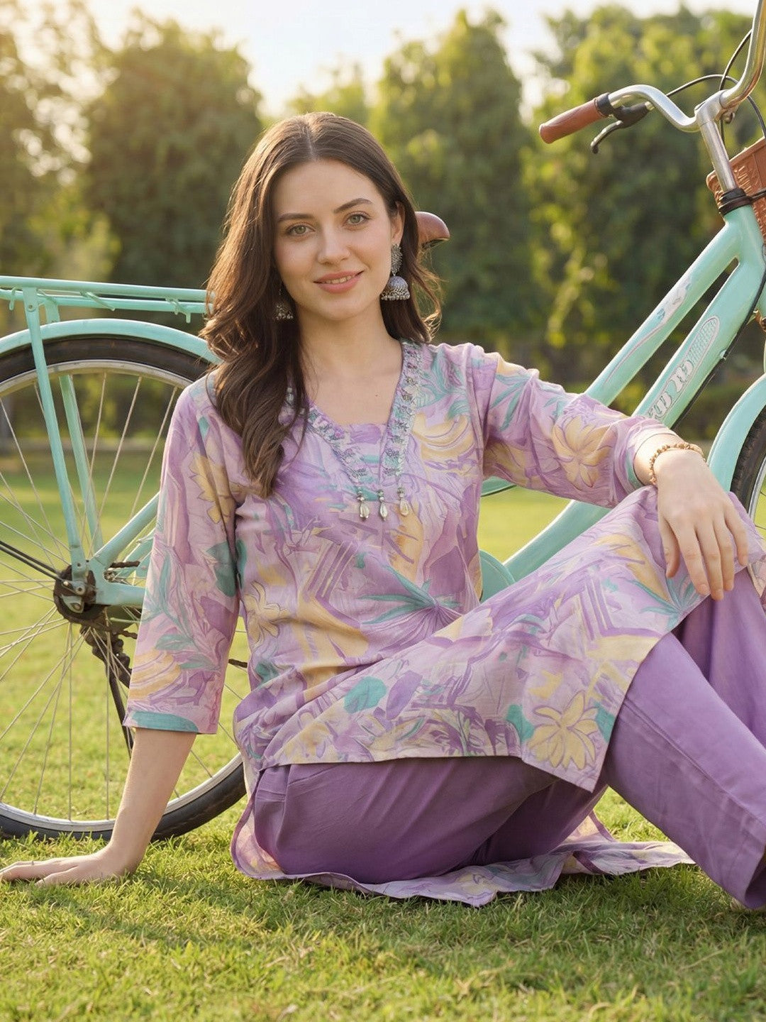 Women Floral Printed Regular Beads and Stones Kurta with Trousers