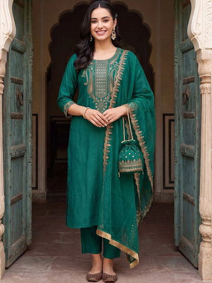 Women Ethnic Motifs Embroidered Regular Liva Kurta with Trousers & With Dupatta
