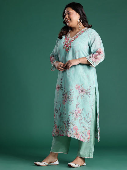 Dhiyona Women's Plus Size Floral Print Regular Thread Work Kurta with Palazzos & Dupatta