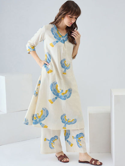 Women Printed Regular Thread Work Pure Cotton Kurta with Trousers