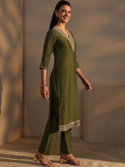 Green Mirror Work Yoke Design Straight Kurta Set