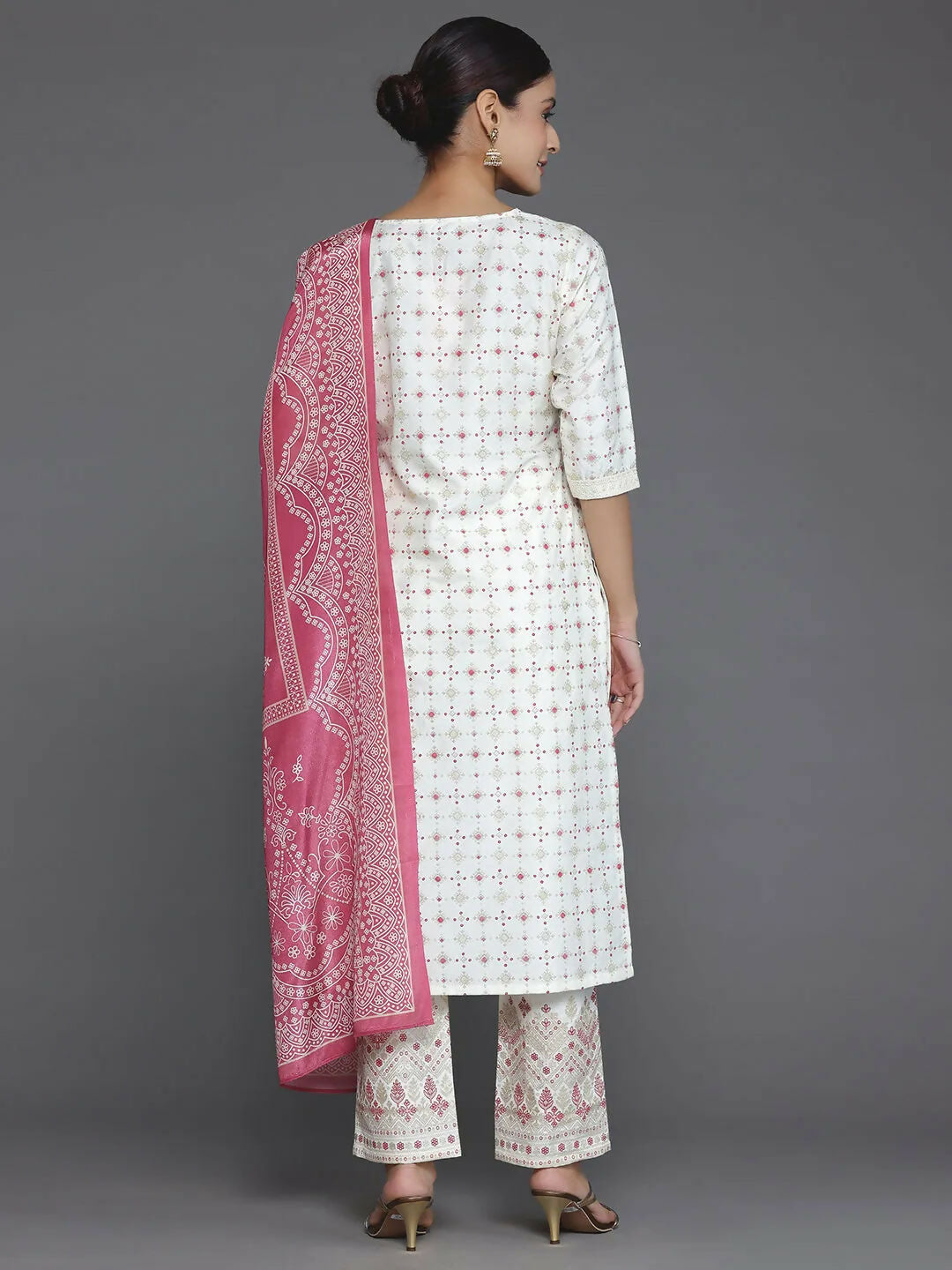 Women's LB Off White Printed Silk Blend Straight Suit With Dupatta