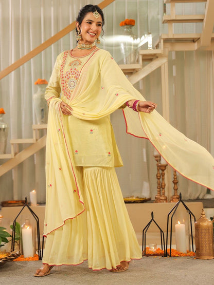 Dhiyona SC Women Ethnic Motifs Embroidered Kurta with Sharara & Dupatta