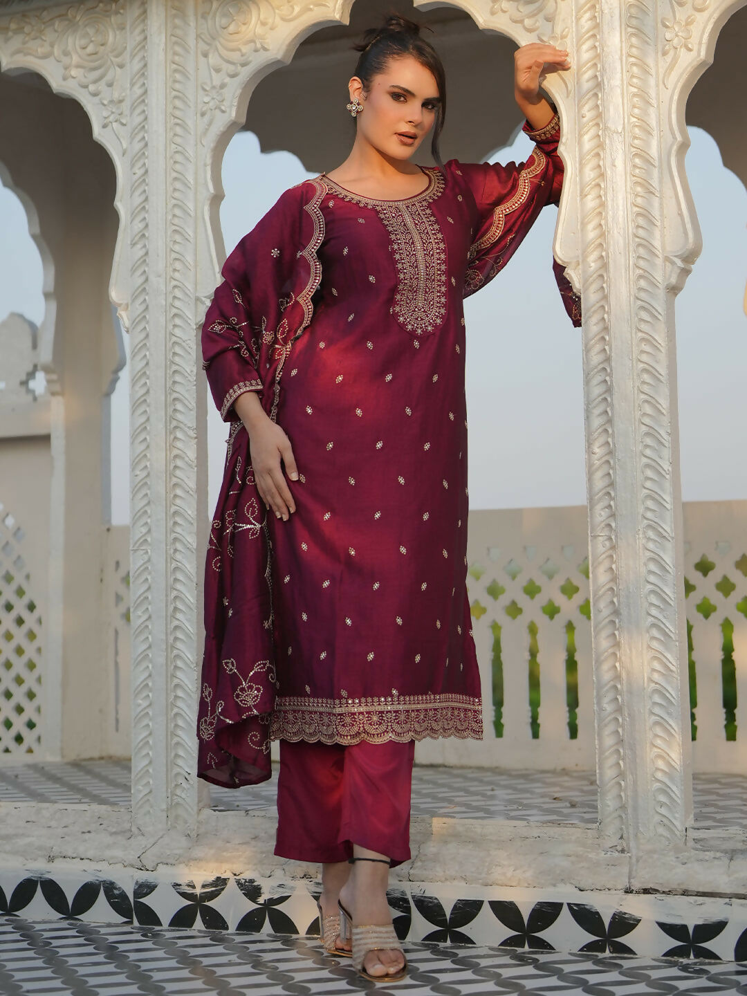 Women's LB Maroon Embroidered Silk Blend Straight Suits With Dupatta