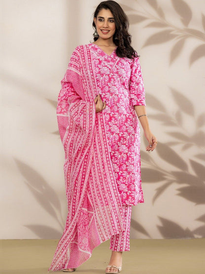 Women Floral Printed Regular Thread Work Pure Cotton Kurta with Trousers & Dupatta