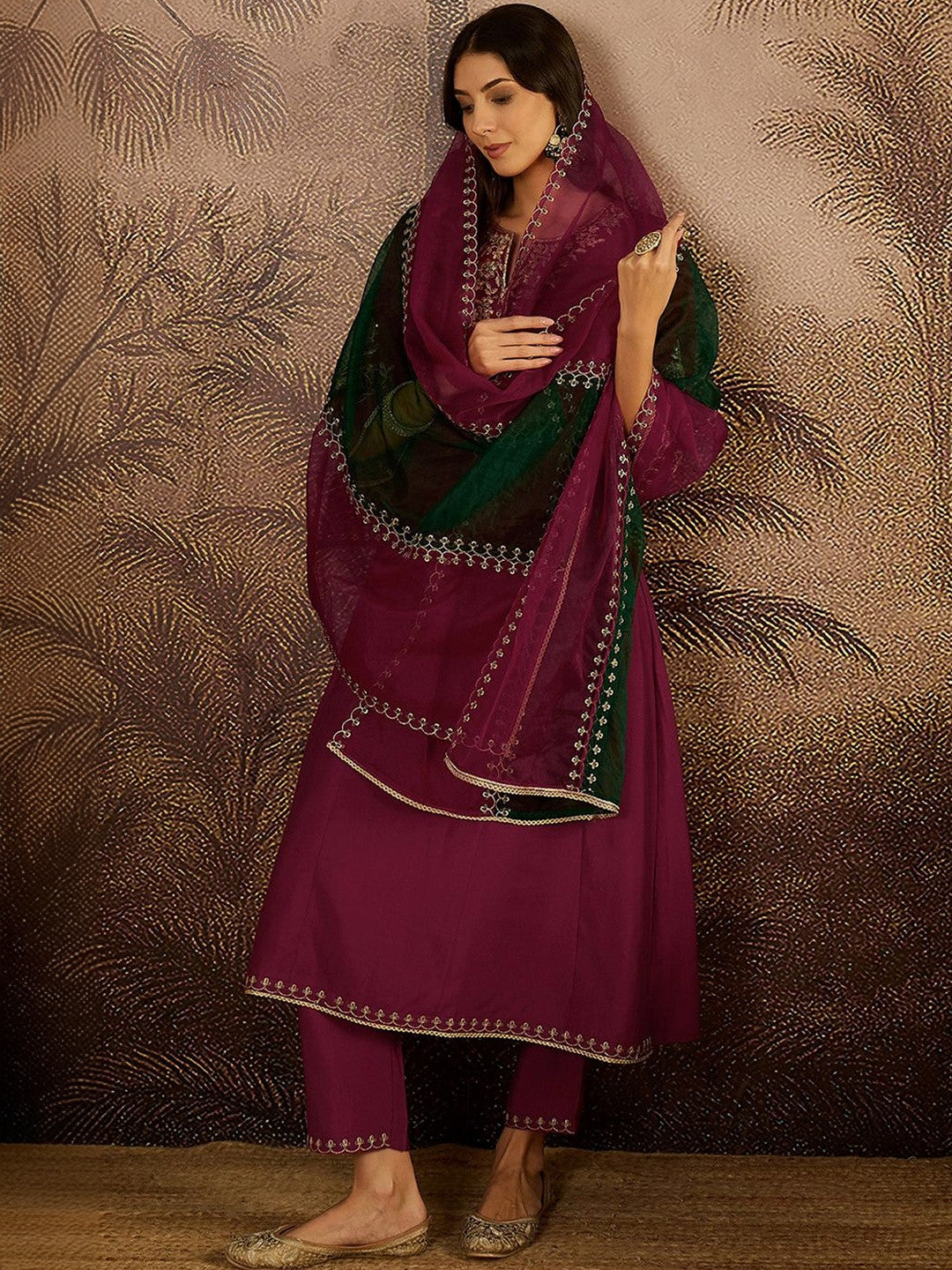 Dhiyona SN Zari Sequence Thread Embroidered A-Line Kurta & Trousers With Dupatta