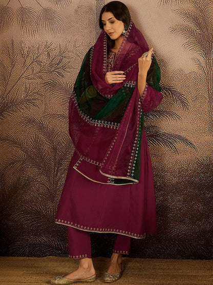 Zari Sequence Thread Embroidered A-Line Kurta & Trousers With Dupatta