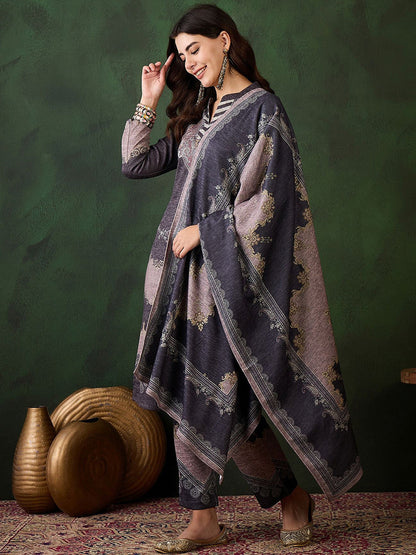 Self-Design Winter Kurta & Trouser With Dupatta